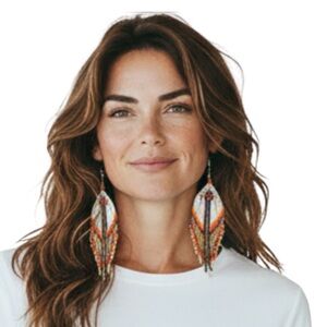 Boho Southwestern Beaded Long Earrings - Tassel Fringe Earrings White‎ & Brown